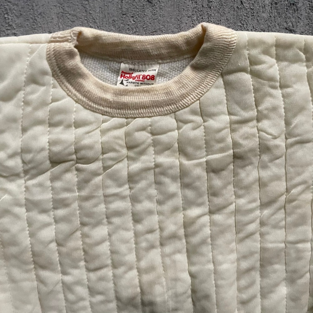 Vintage Quilted Insulated Thermal Sweatshirt Mens Medium Cream 80s Hollofil 808 - Picture 2 of 9